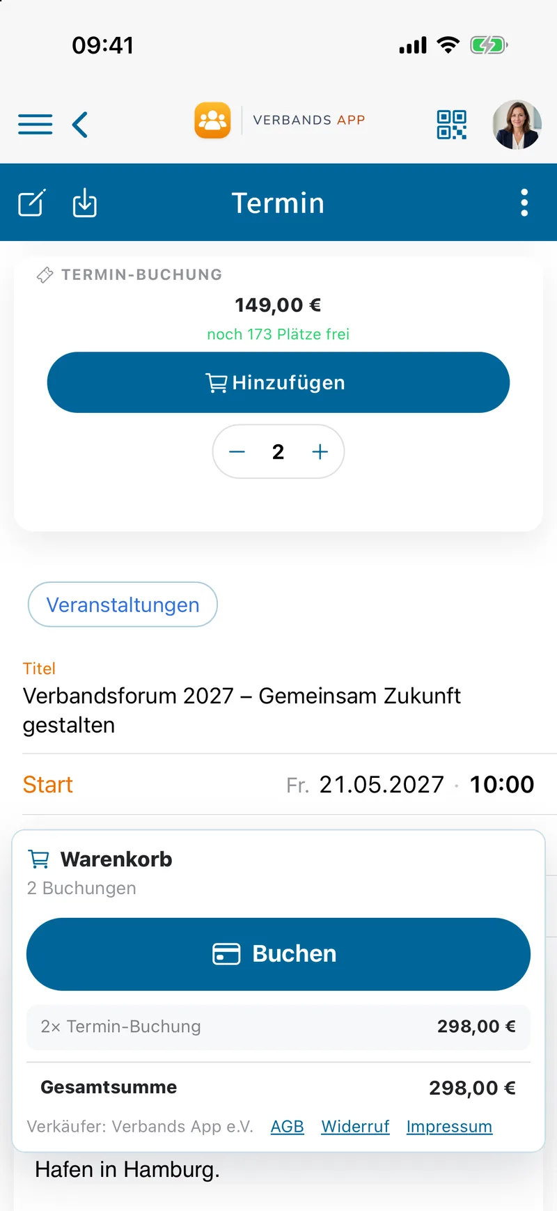 Termin in der App mit Ticketpreis, freien Plätzen und Warenkorb