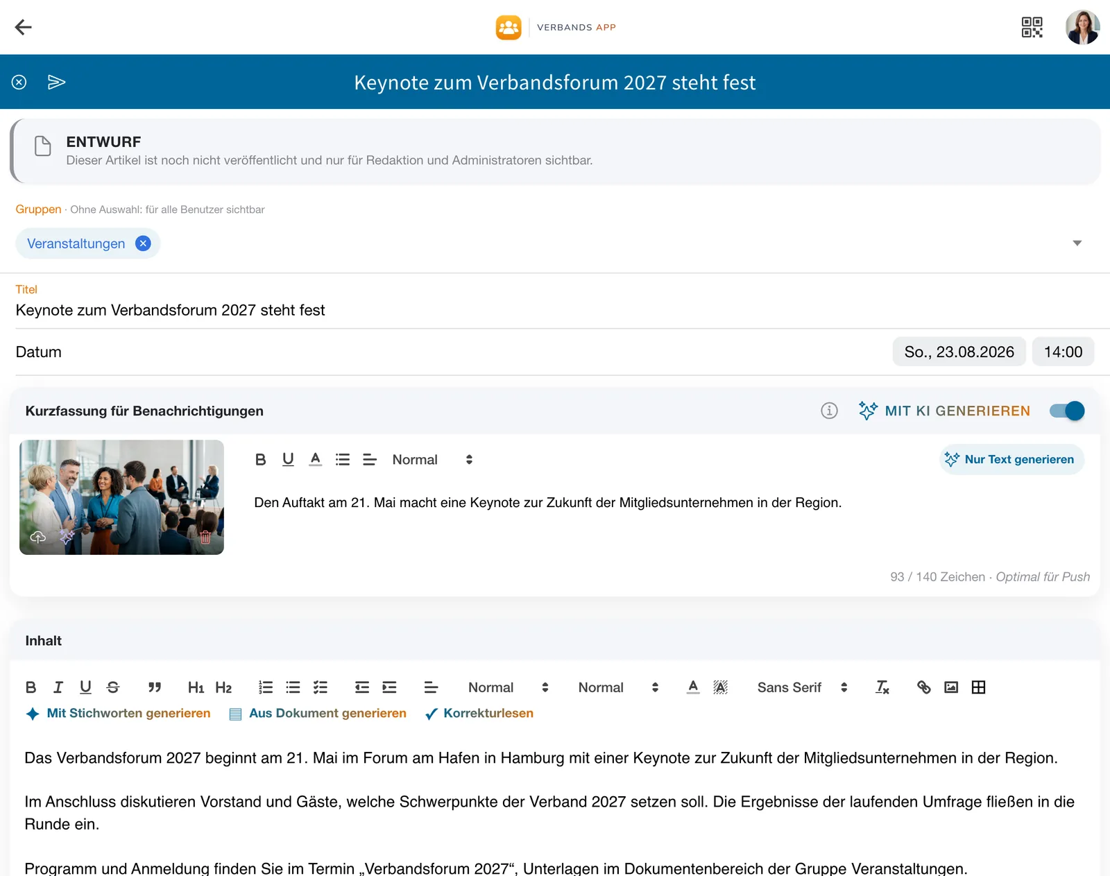 News-Editor mit einem Entwurf, Gruppenauswahl, Kurzfassung für Push und Editor-Werkzeugleiste