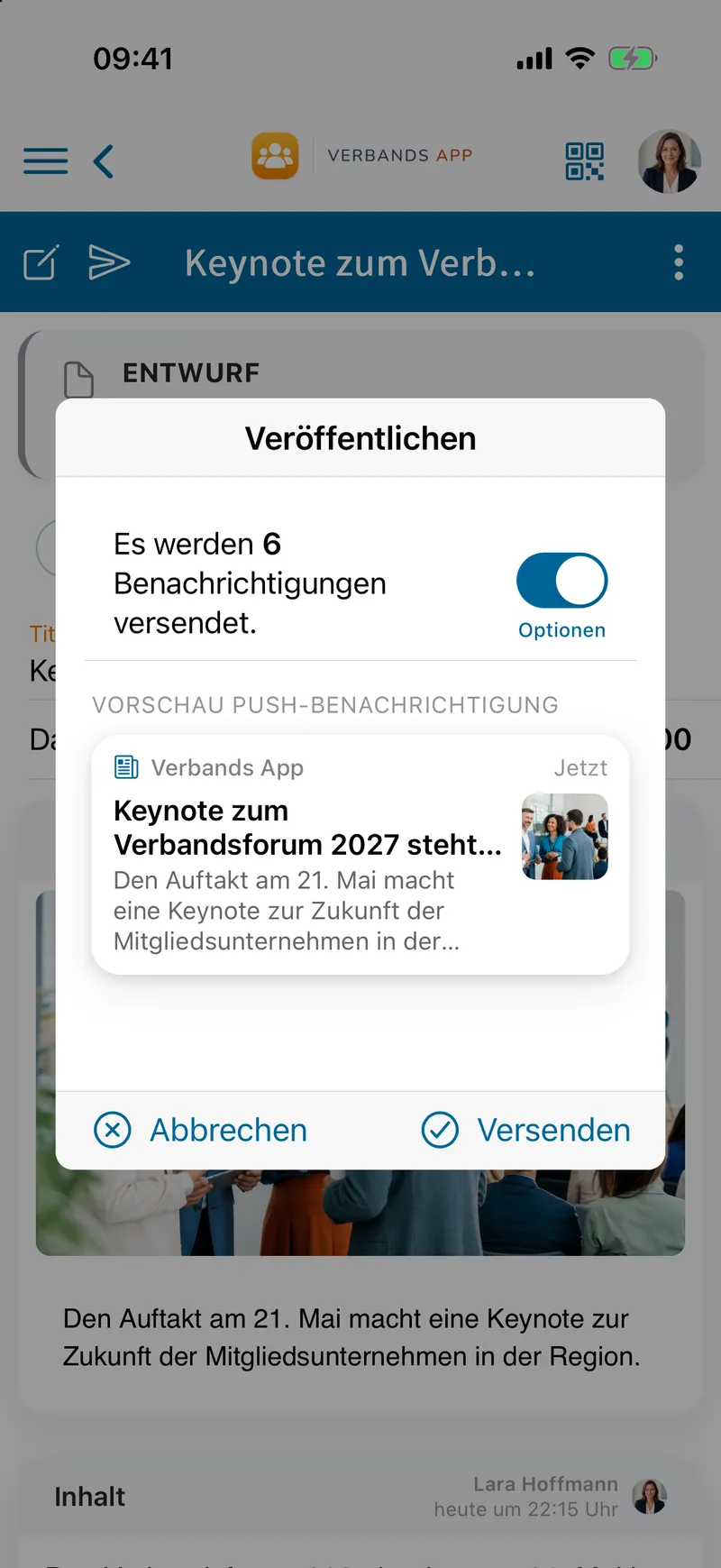 Dialog „Veröffentlichen“ mit Zahl der Benachrichtigungen und Vorschau der Push-Nachricht