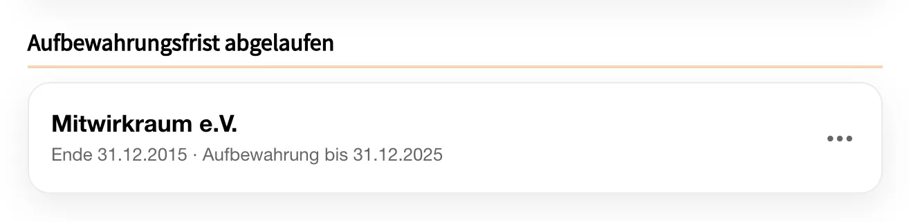 Liste „Aufbewahrungsfrist abgelaufen“ mit einer beendeten Mitgliedschaft