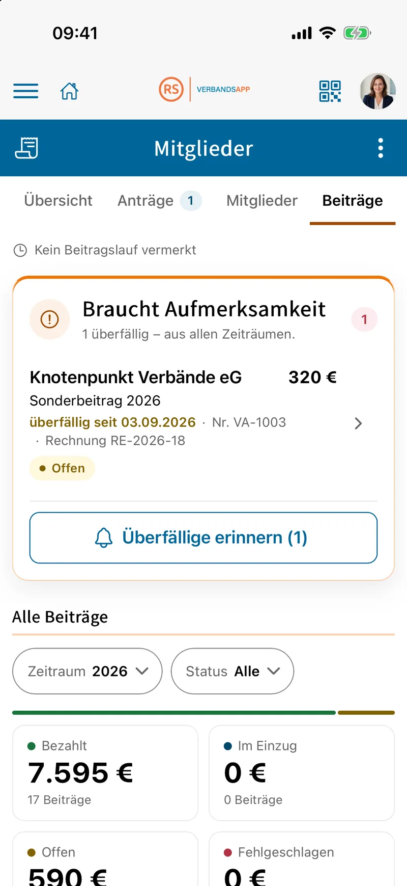 Beitragsseite der Verwaltung auf dem Smartphone mit einem überfälligen Beitrag und den Kennzahlen