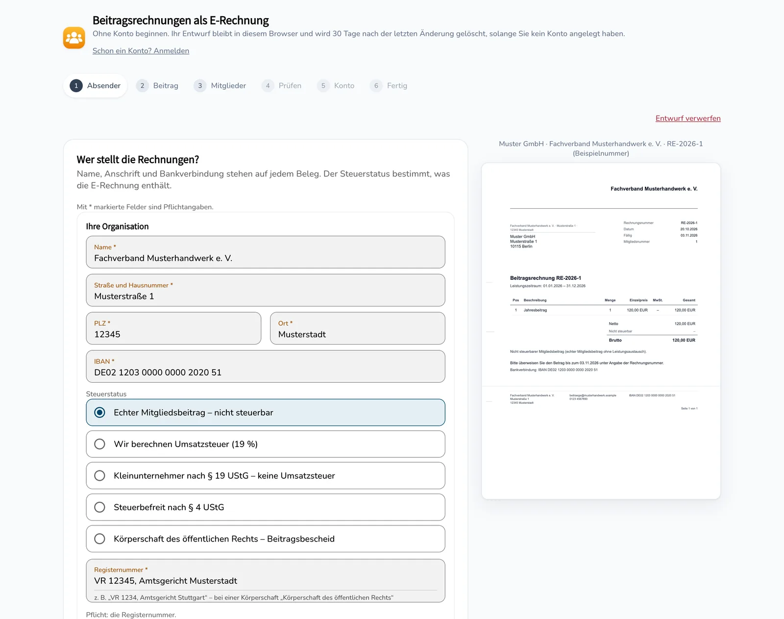 Assistent „Beitragsrechnungen als E-Rechnung“, Schritt 1 Absender: Name, Anschrift und IBAN des Fachverbands sind eingetragen, rechts zeigt die Live-Vorschau die Rechnung mit diesem Absender.