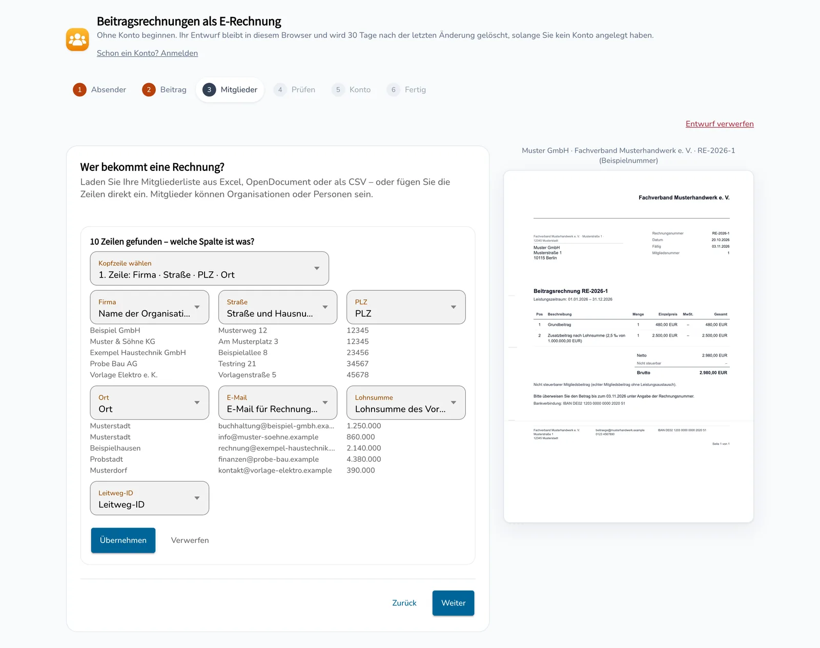 Schritt 3 Mitglieder: Die Mitgliederliste aus einer CSV-Datei ist geladen, der Assistent hat die Spalten Firma, Anschrift, E-Mail, Lohnsumme und Leitweg-ID selbst erkannt und zugeordnet.