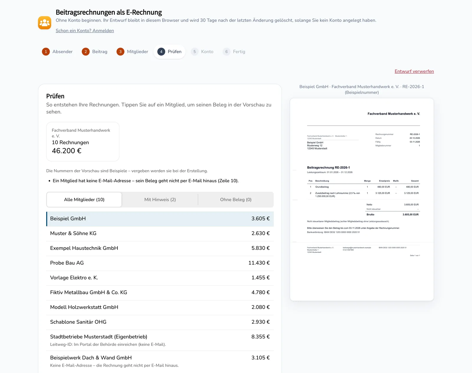 Schritt 4 Prüfen: Zehn Beitragsrechnungen über zusammen 46.200 €, eine Liste aller Mitglieder mit ihrem Betrag und Hinweisen, daneben die Vorschau der gewählten Rechnung.