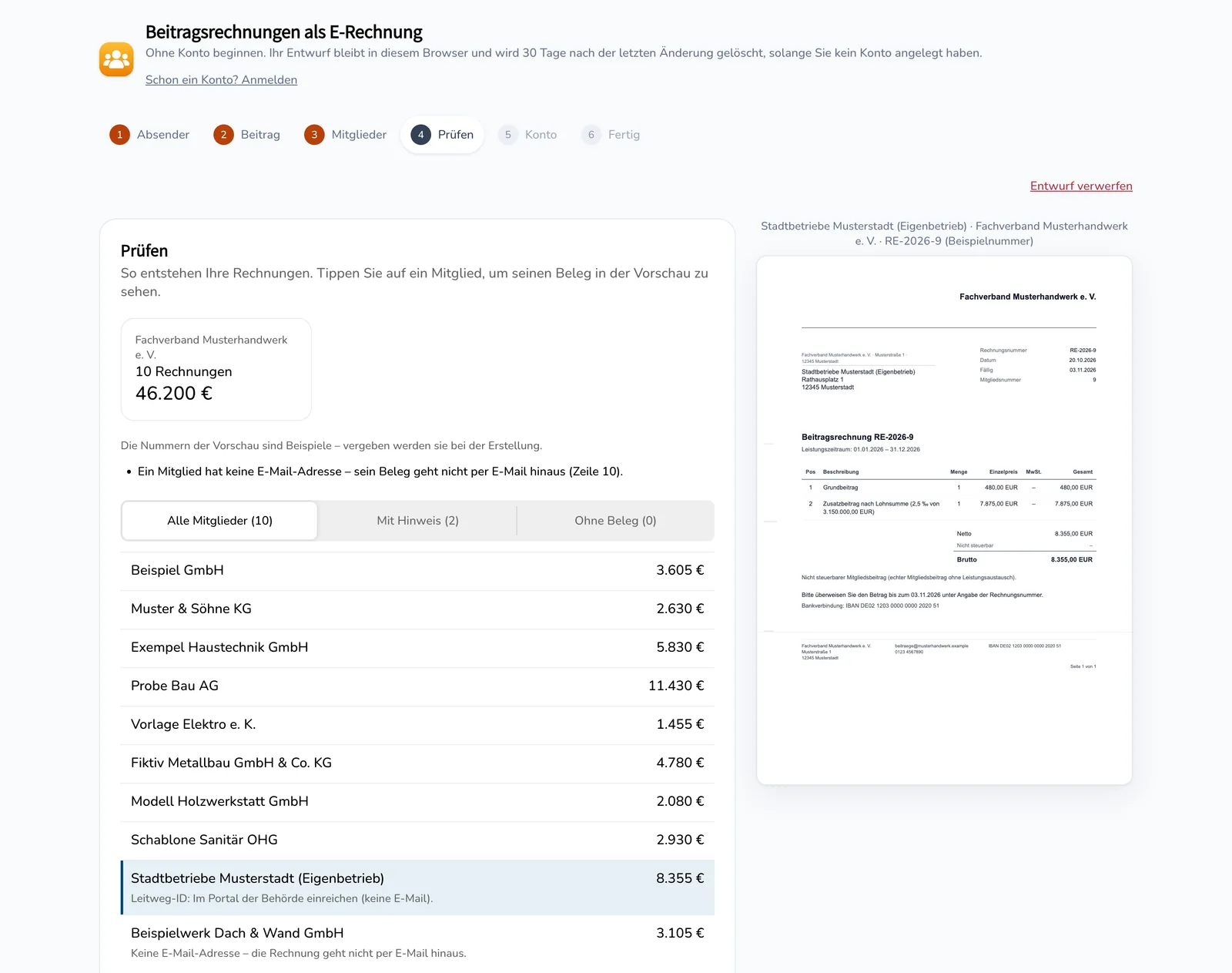 Schritt 4 Prüfen: Für ein Mitglied mit Leitweg-ID zeigt der Assistent, dass die Rechnung im Portal der Behörde eingereicht wird, und die Vorschau zeigt die zugehörige Beitragsrechnung.