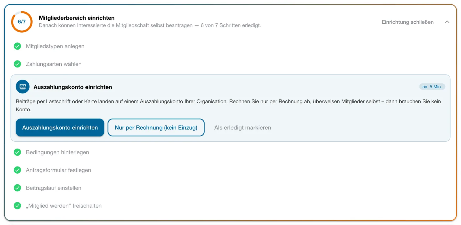 Einrichtungs-Checkliste des Mitgliederbereichs mit Fortschrittsring und dem offenen Schritt „Auszahlungskonto einrichten“