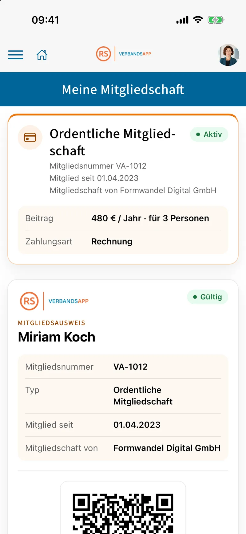 Seite „Meine Mitgliedschaft“ mit Leitkarte und beginnendem Mitgliedsausweis auf dem Smartphone