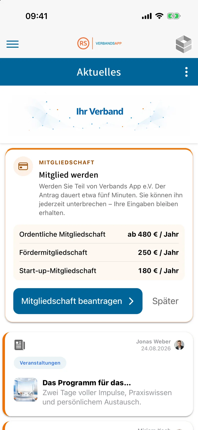 Startseite der App mit der Karte „Mitglied werden“ und drei Mitgliedstypen