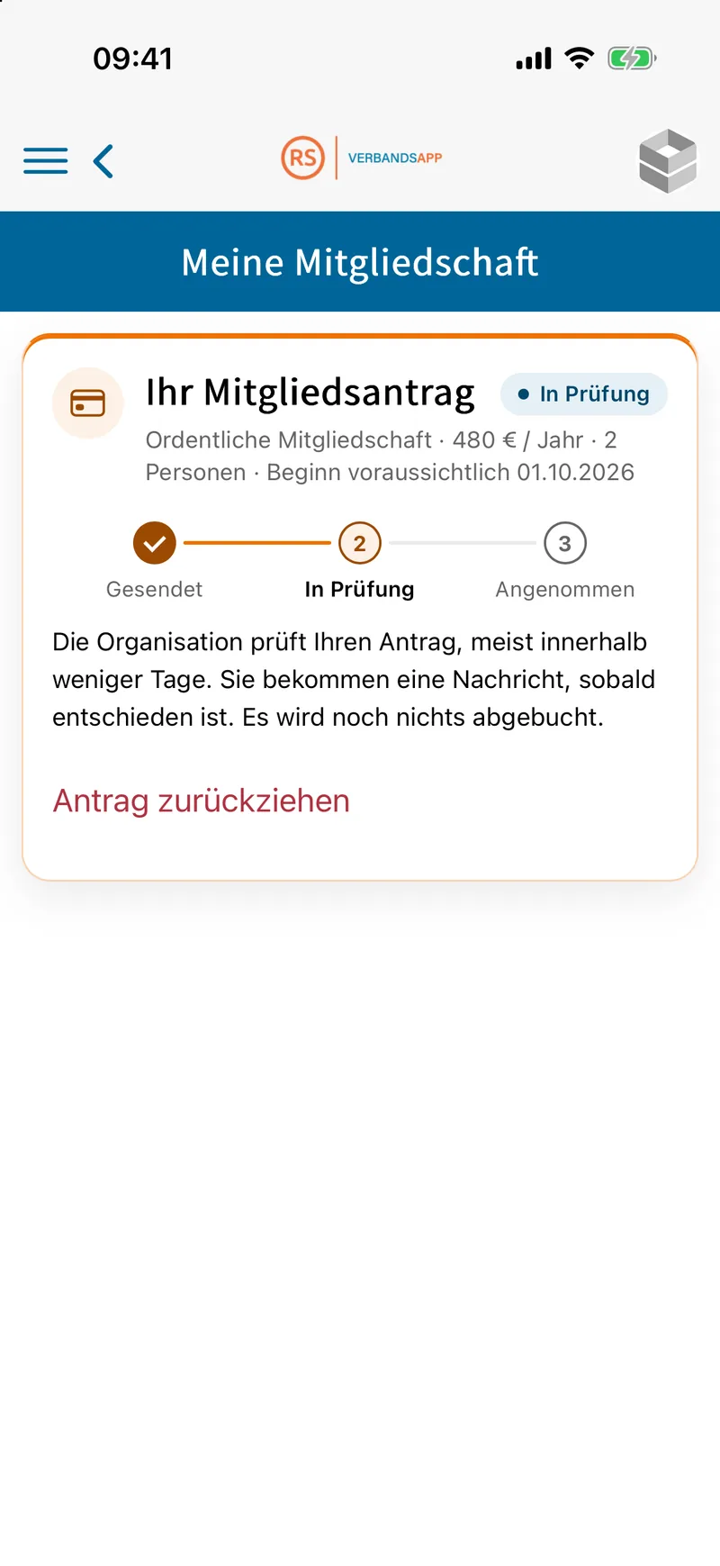 Seite „Meine Mitgliedschaft“ mit dem Antrag im Stand „In Prüfung“