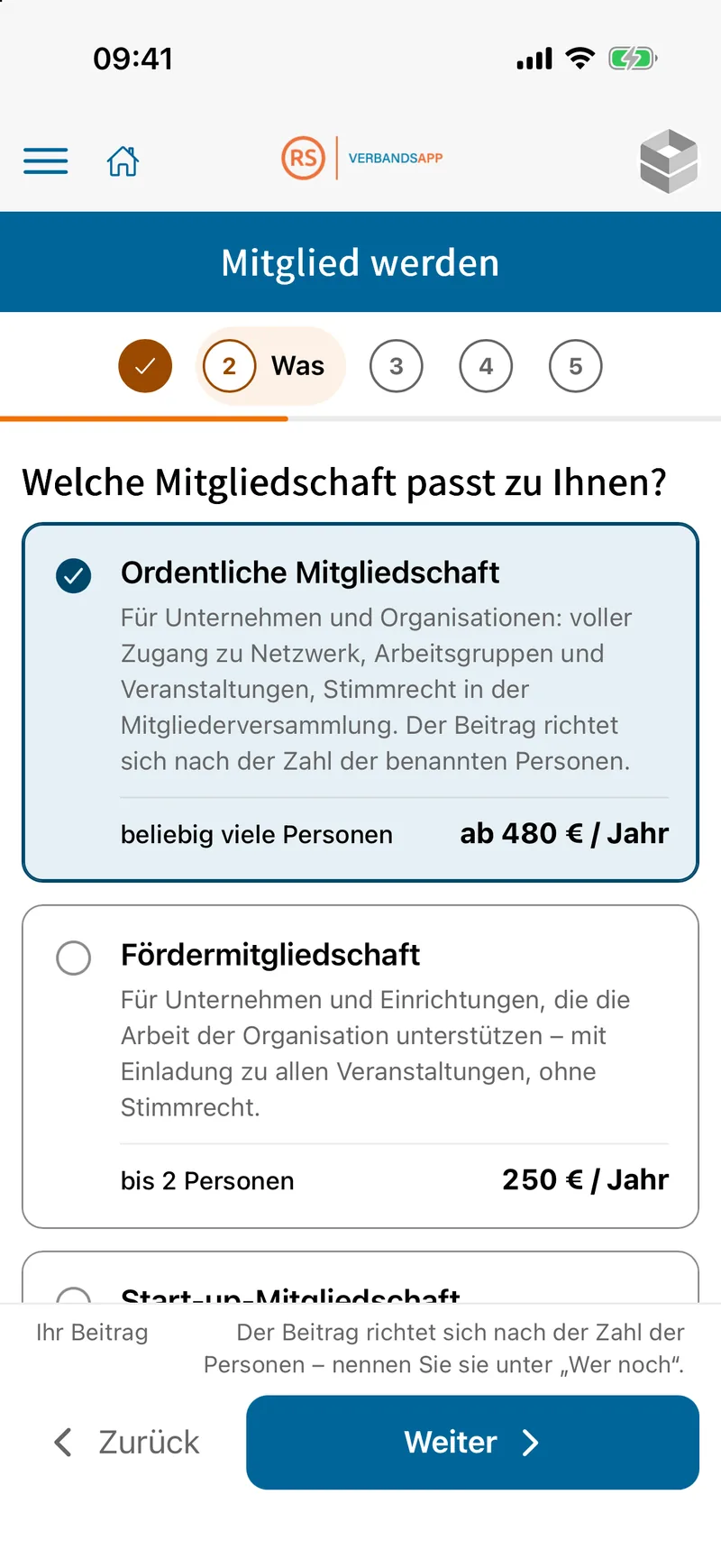 Auswahl des Mitgliedstyps im Antrag mit Beschreibung und Jahresbeitrag