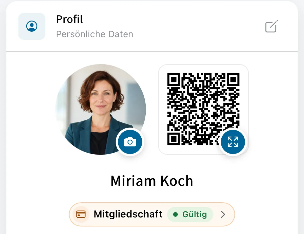 Profilkopf mit Profilbild, QR-Code-Kachel und dem Chip „Mitgliedschaft · Gültig“