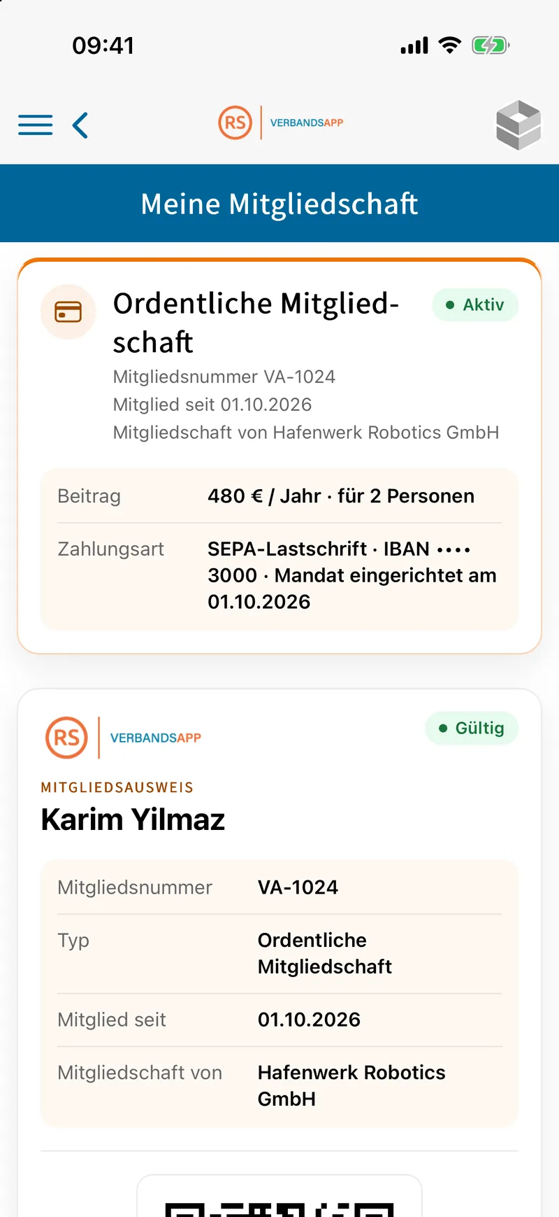 Mitgliedschaft mit eingerichtetem SEPA-Mandat und den letzten Stellen der IBAN