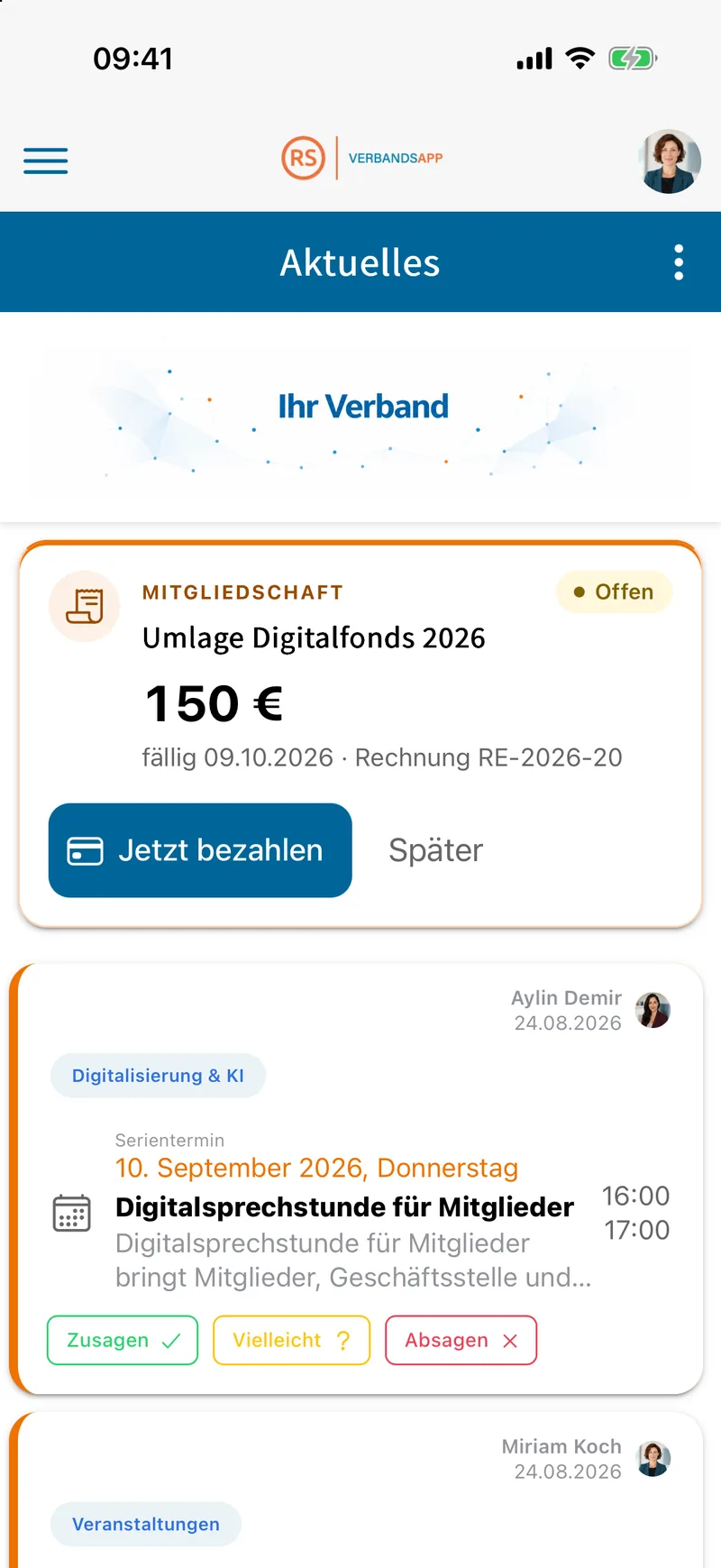 Startseite der Verbands App auf dem Smartphone mit Beitragskarte und Terminen