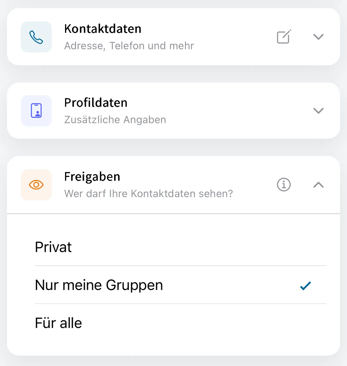 Profil mit der Karte „Freigaben“: Privat, Nur meine Gruppen oder Für alle
