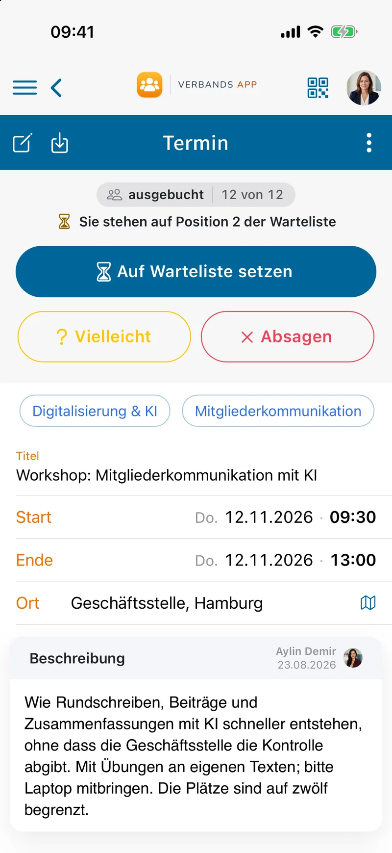 Ausgebuchter Termin in der App: das Mitglied steht auf Position 2 der Warteliste